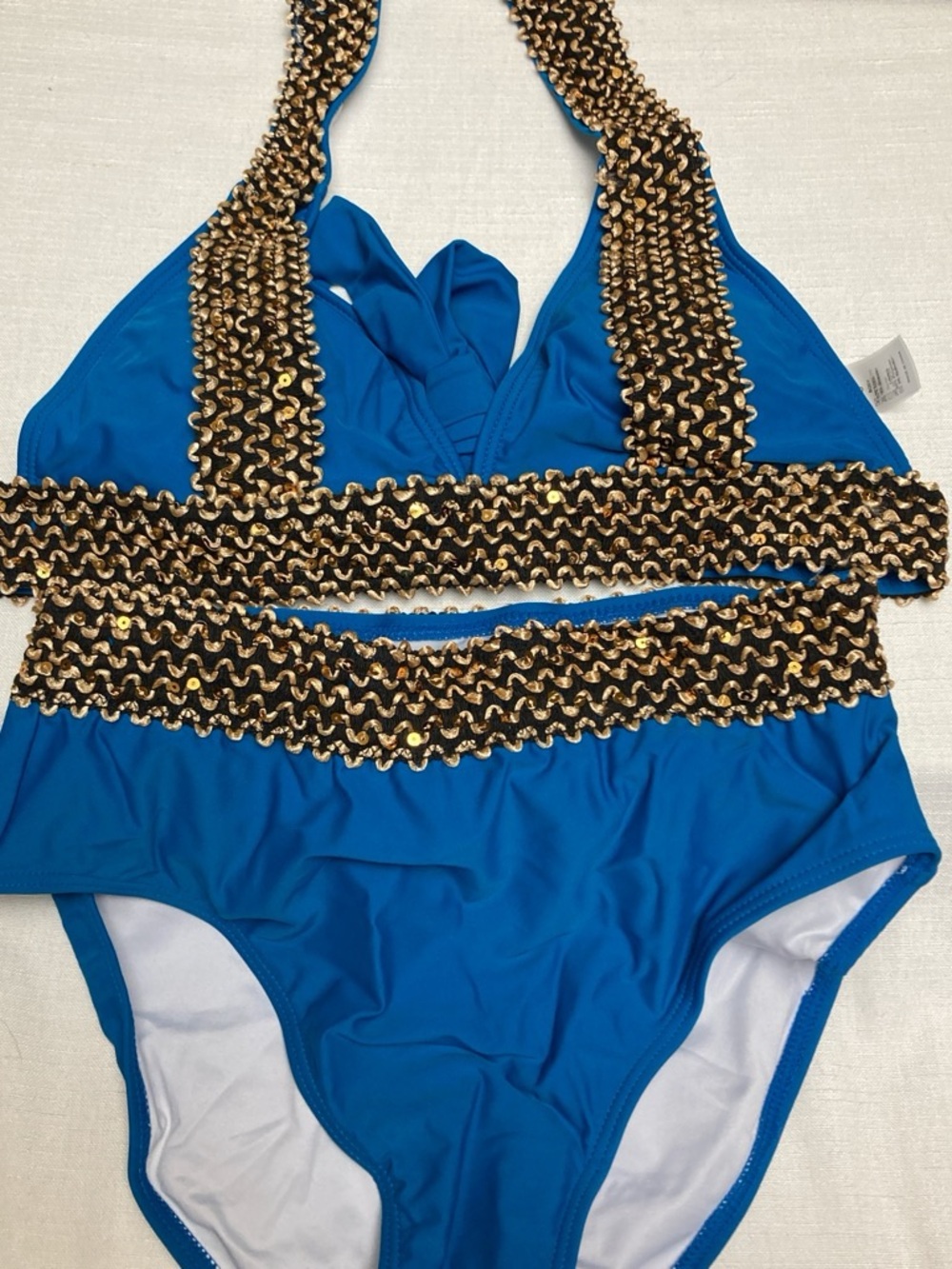 Blue Women’s Halter Bikini with Gold Sequin Trim